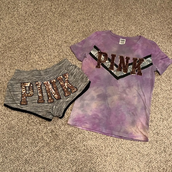 PINK Victoria’s Secret Rose Gold Bling Sequined SET  RARE!! Shorts and T-Shirt - Picture 2 of 15